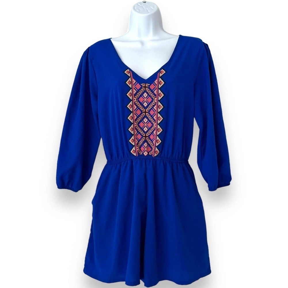 Gianni Bini Royal Blue Embroidered V-Neck Romper